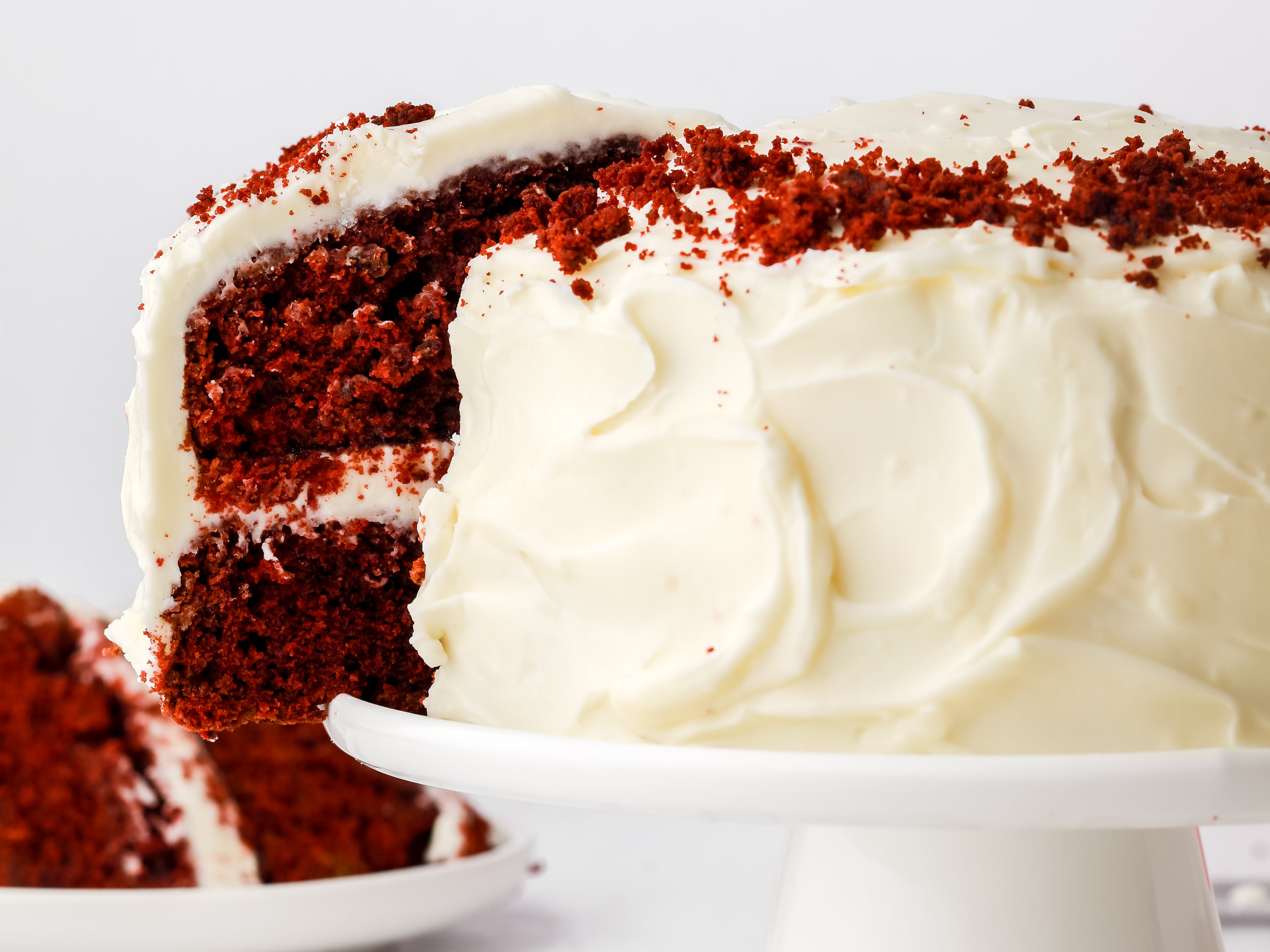 Close up of a cut red velvet cake