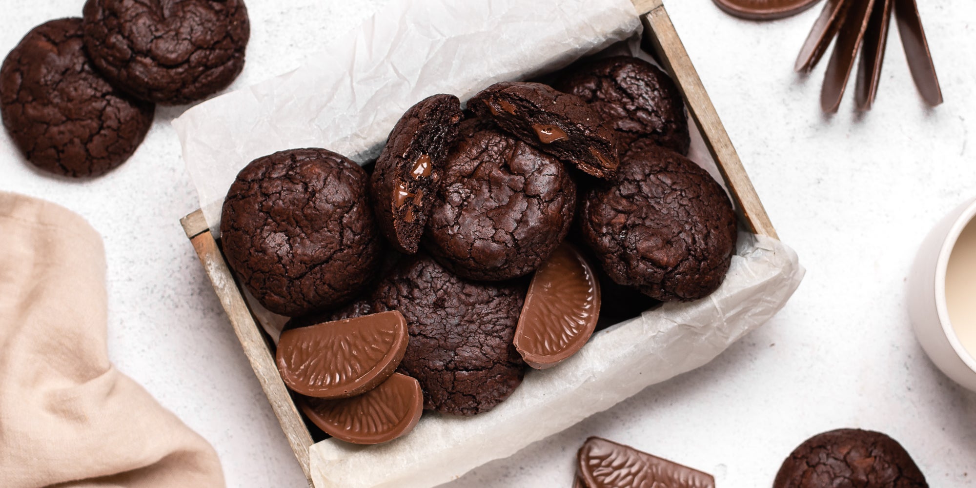 Chocolate Brownie Cookies stuffed with segments of Terry Chocolate orange pieces