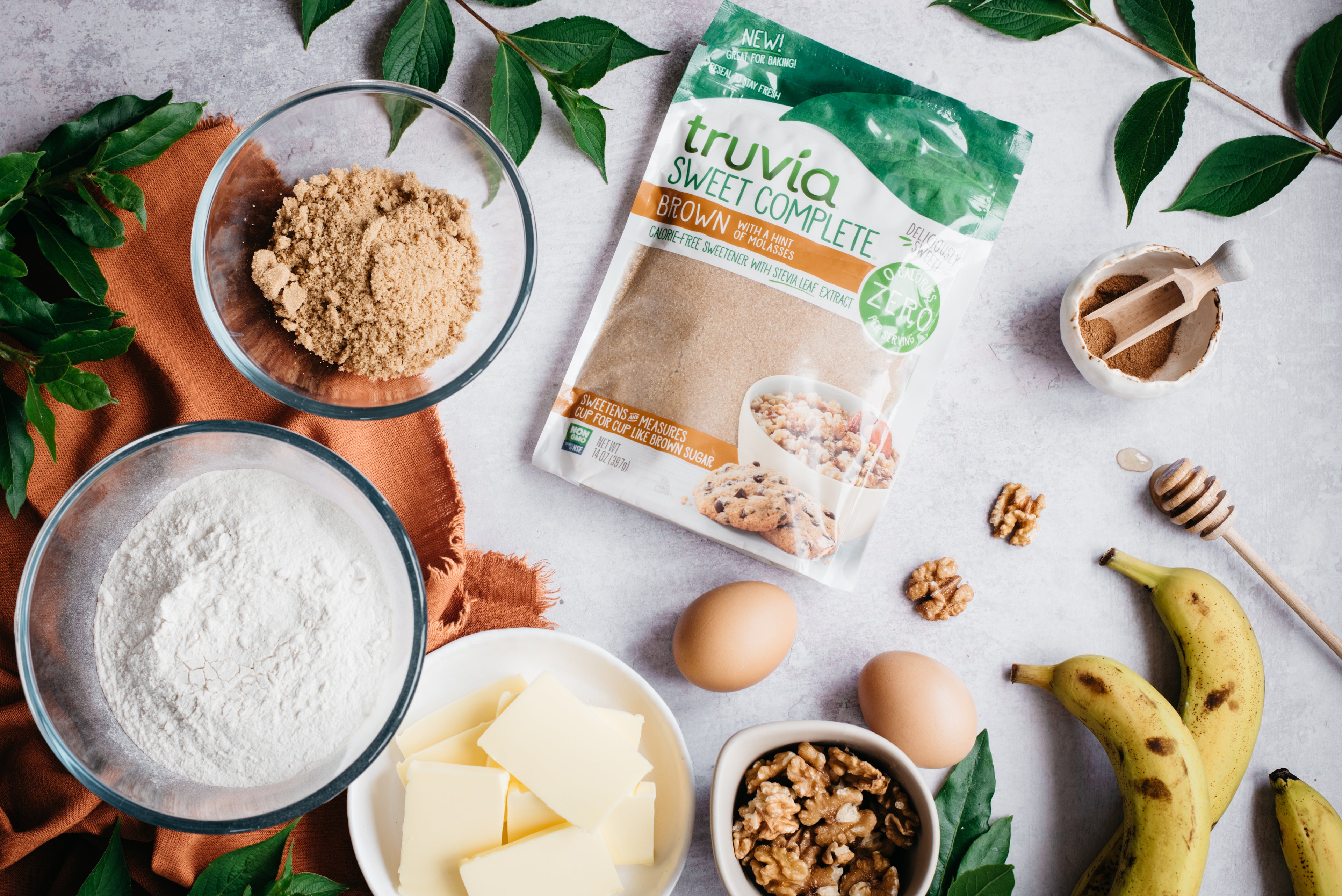 Top down view of health banana bread ingredients