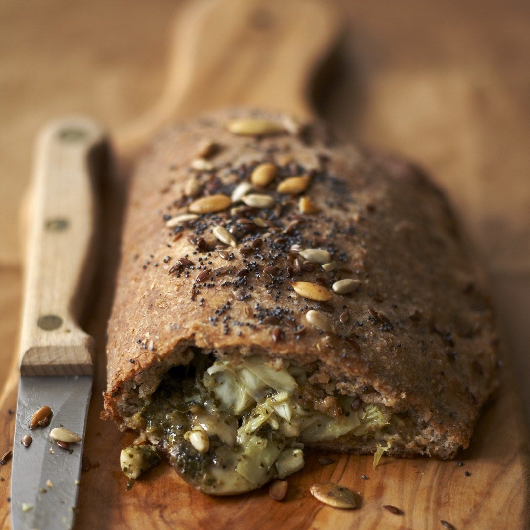 Wholemeal Italian mushroom, pesto and artichoke calzone | Baking Mad-image
