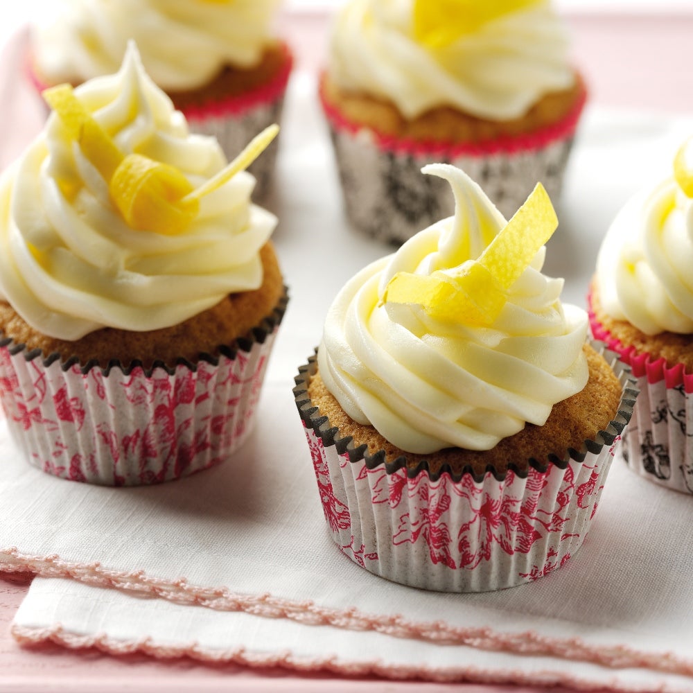 Earl Grey cupcakes topped with lemon buttercream and twists on lemon zest
