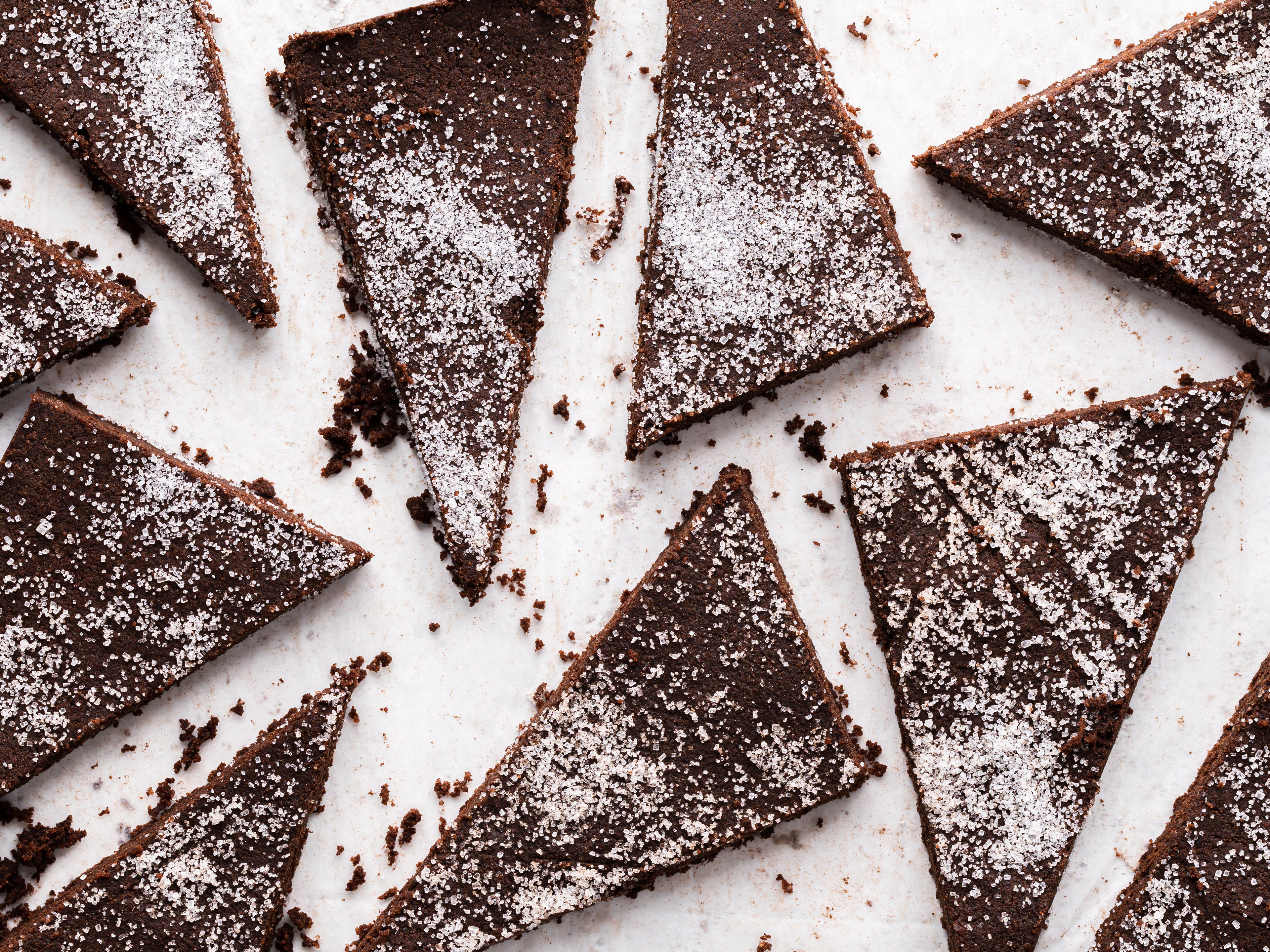 Chocolate cake cut up into triangles