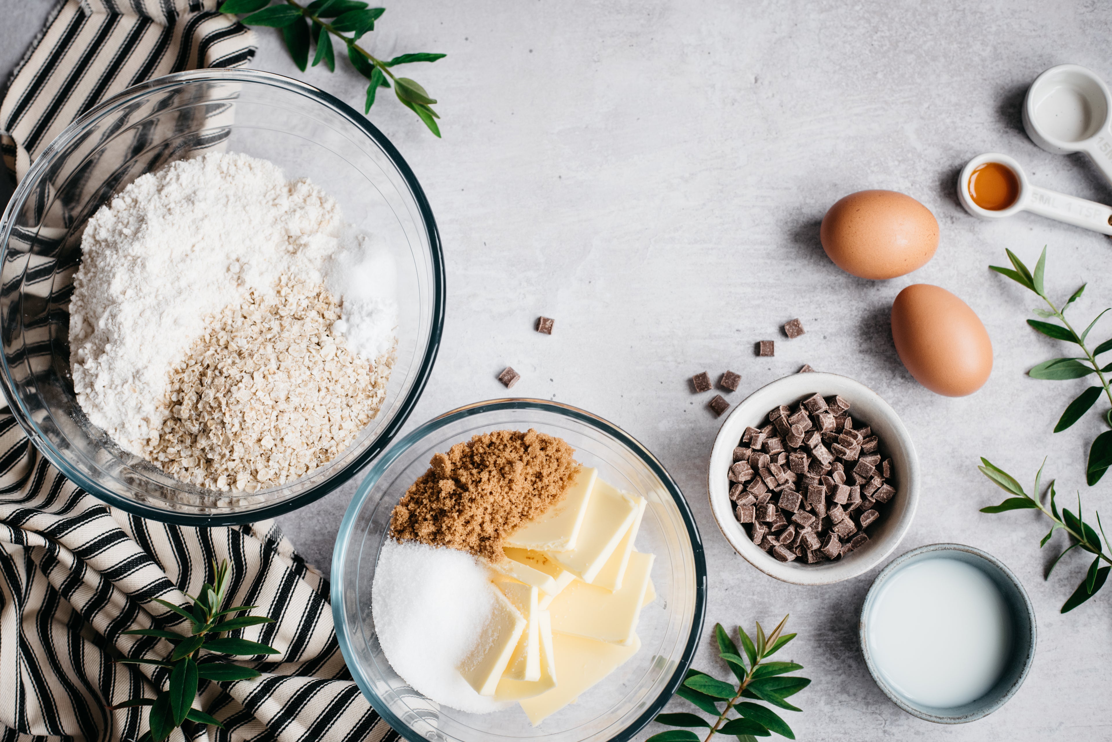 Top down view of low sugar chocolate chip cookie ingredients