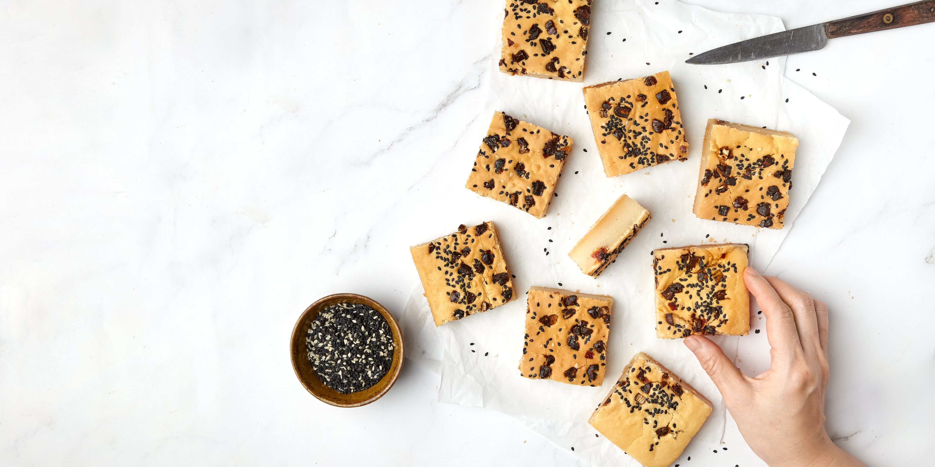 Top down view of cut of pieces of nian gao