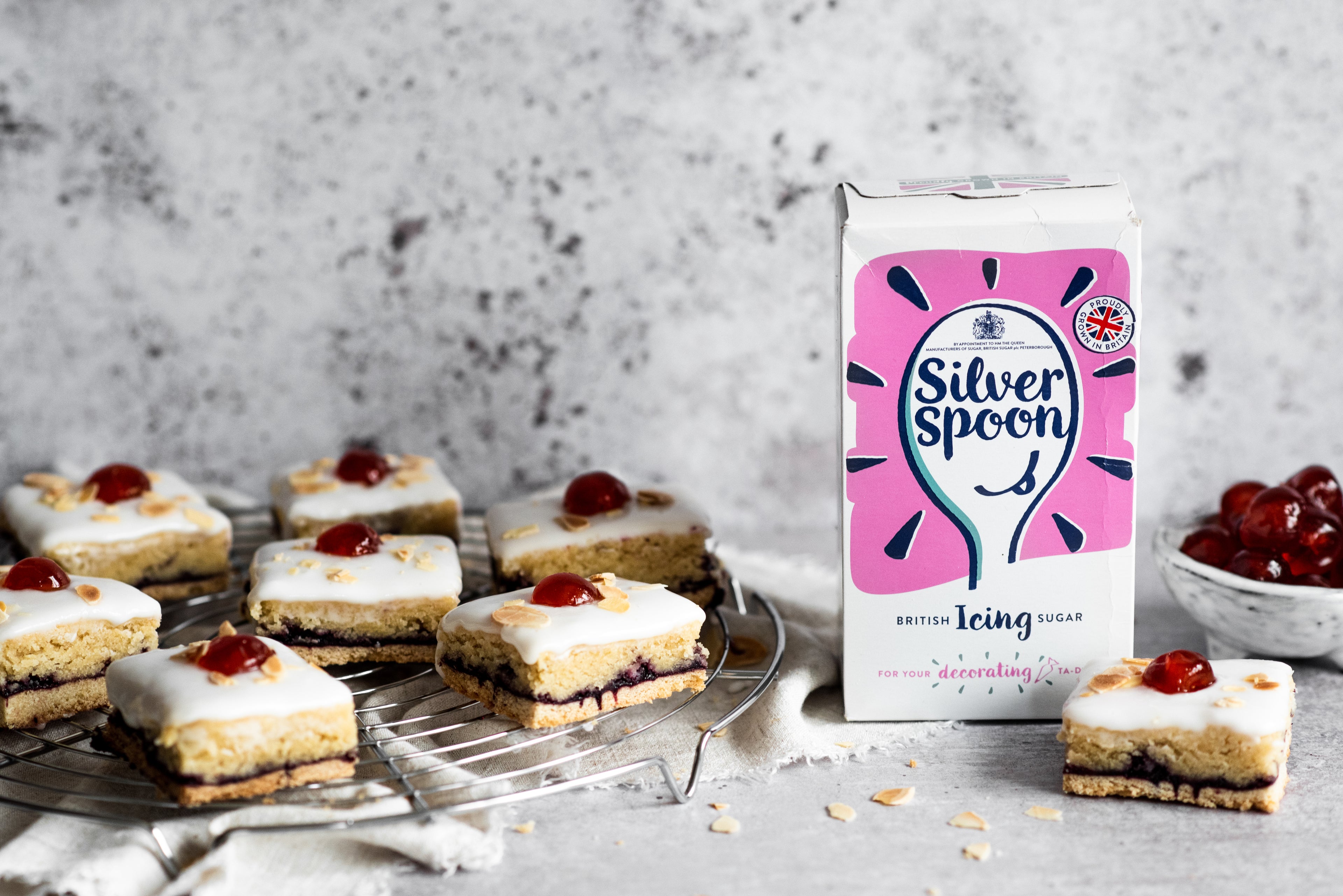 bakewell tart slices on a cooling rack