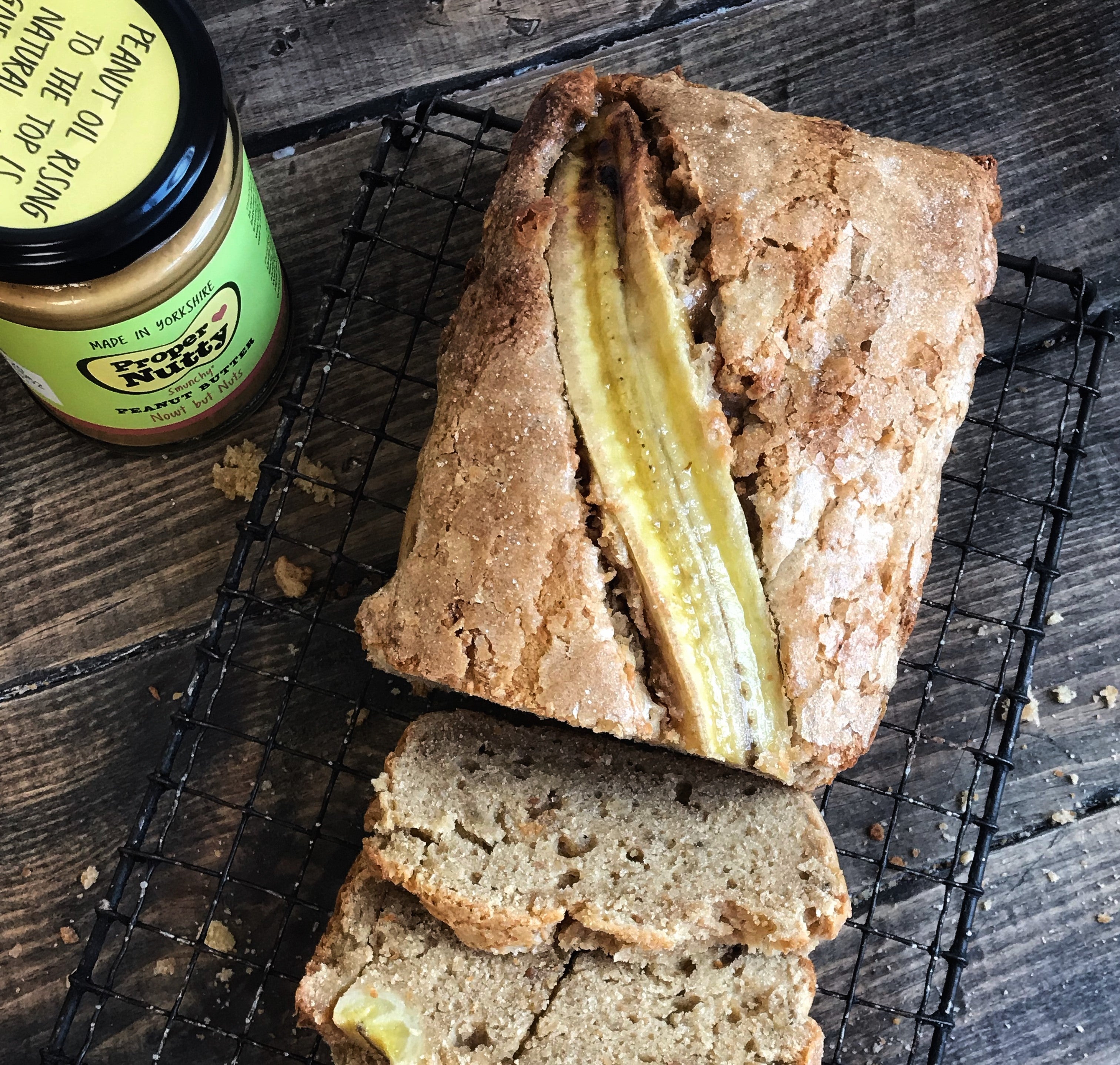 Banana Loaf with peanut butter jar