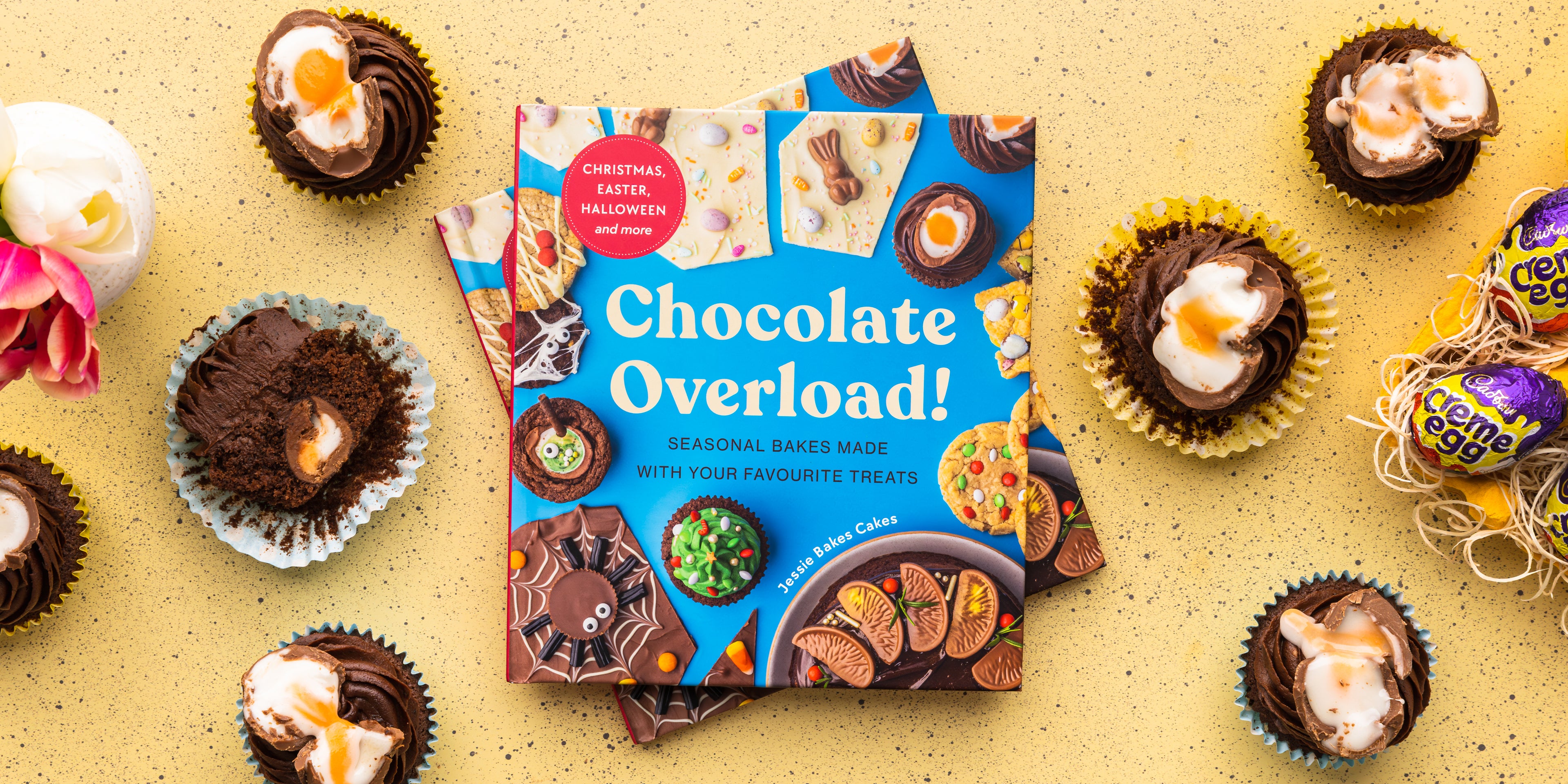 Chocolate cupcakes surrounding chocolate overload recipe book