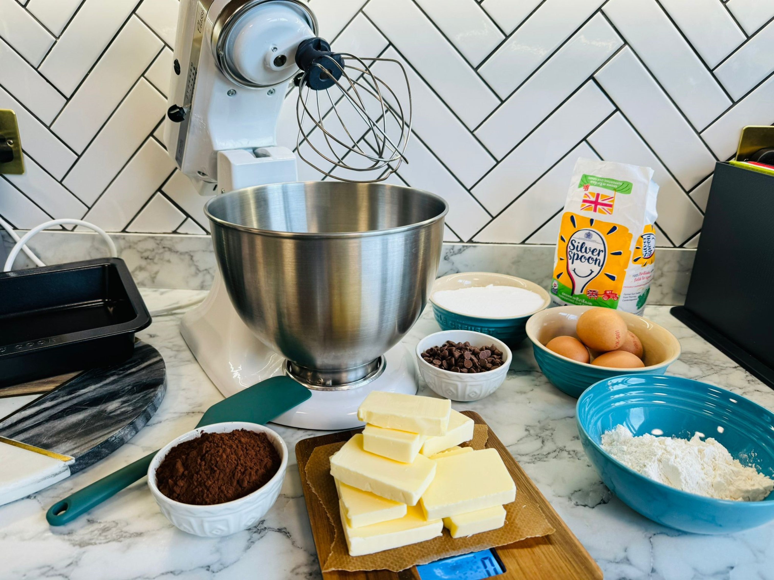 Mary Berry brownie ingredients being assembled on a marble worktop