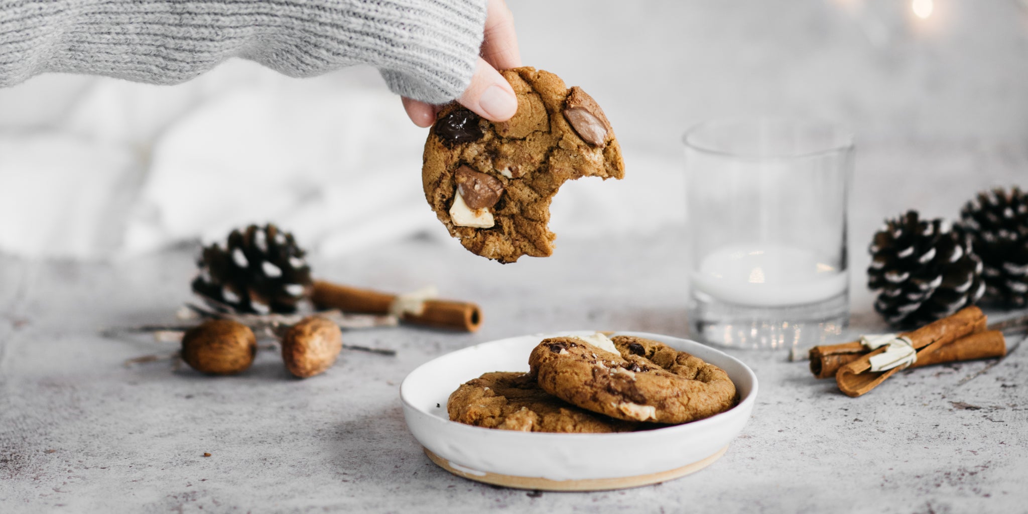 Hand reaching in holding a cookie with a bite taken out of it. Pine cones and cookies in the background