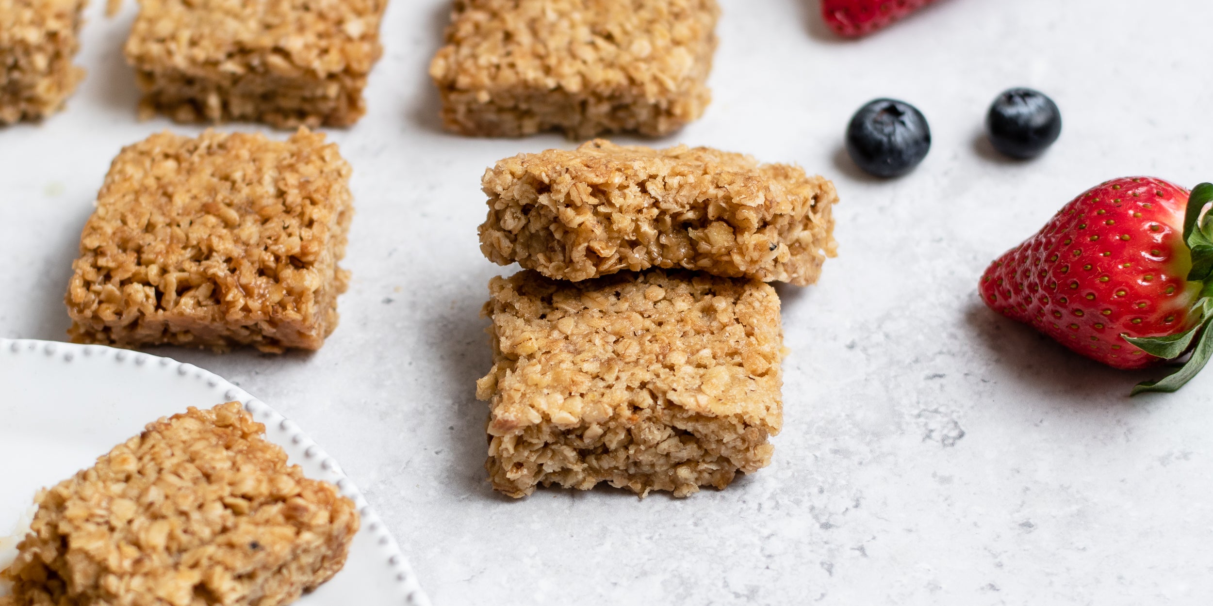 Easy Flapjack close up, next to fresh berries