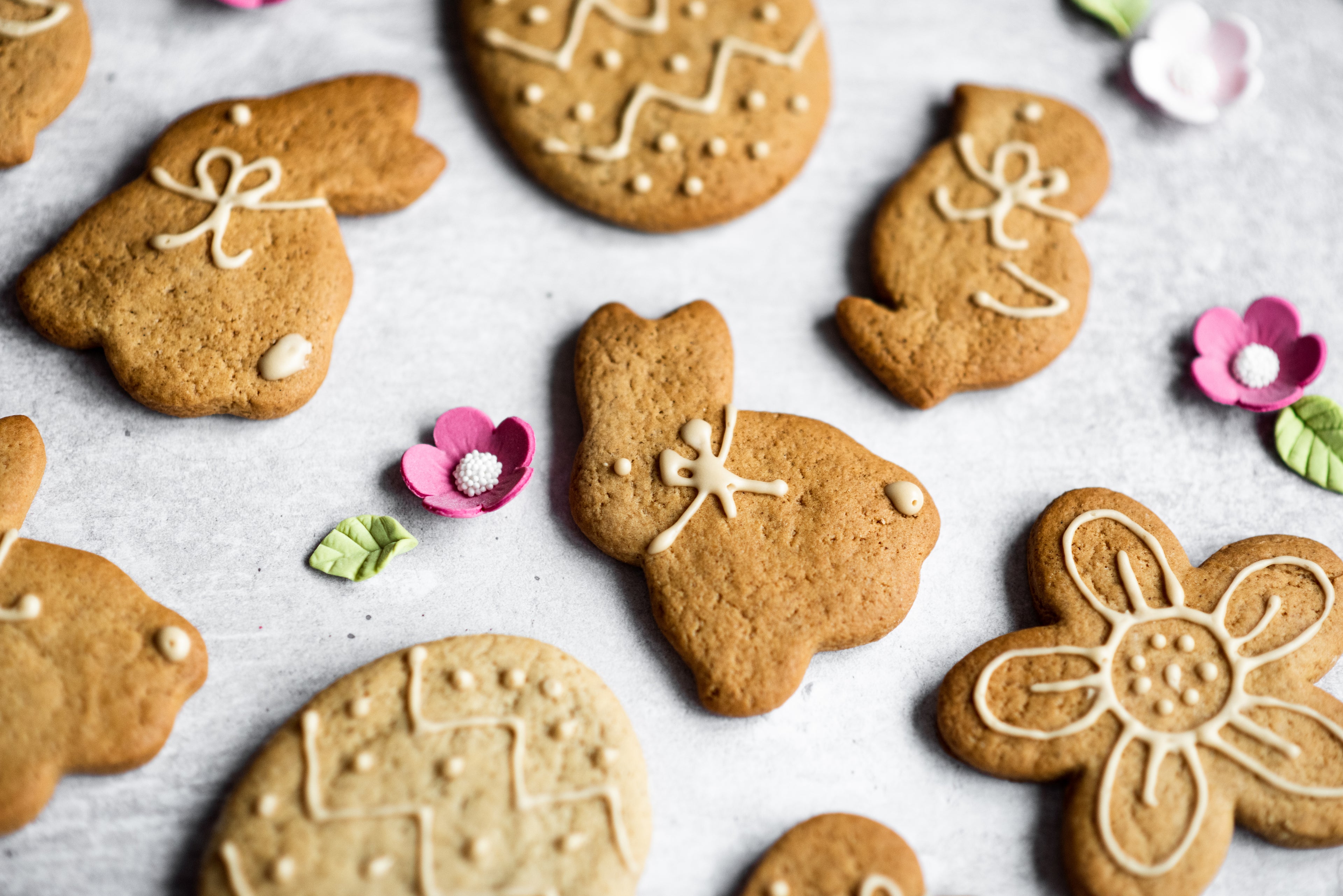 Easter shaped ginger biscuits laid flat on a surface