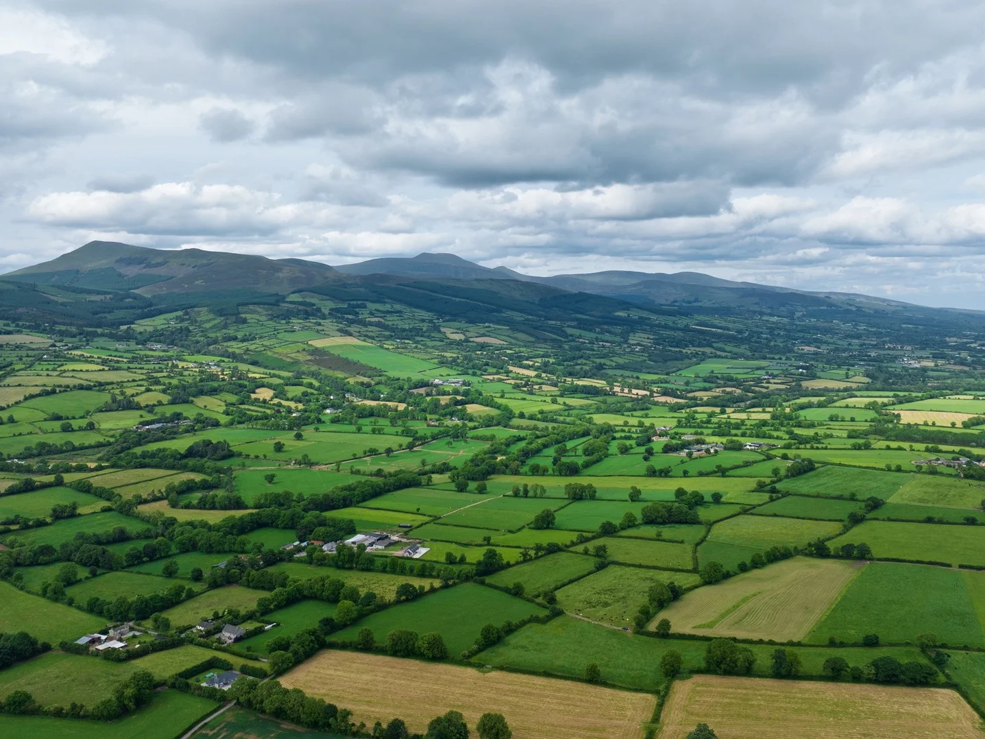 Aerial view of green patchwork farmland and mountains under a dramatic cloudy sky