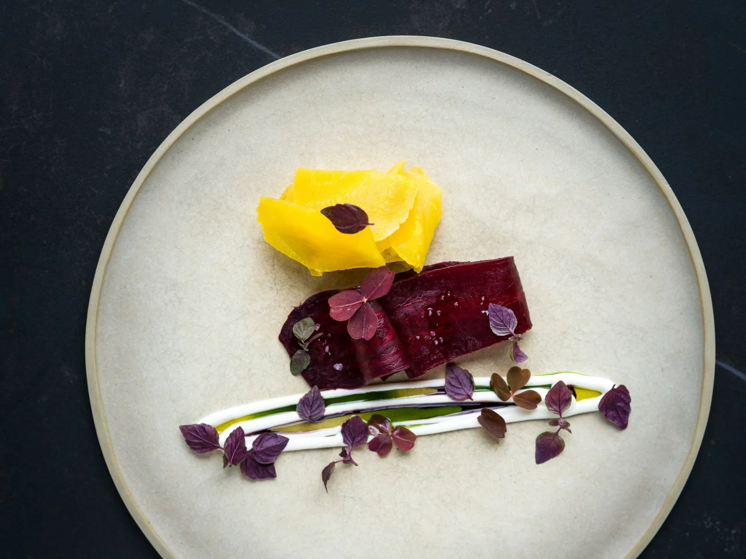 Fine dining plate with roasted beetroot, golden beetroot, and herb and cream garnish on a ceramic dish