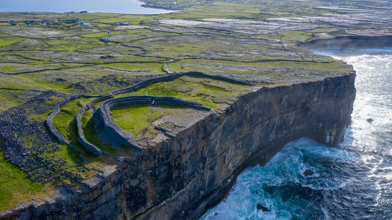 Aerial view of stone fort and coastline