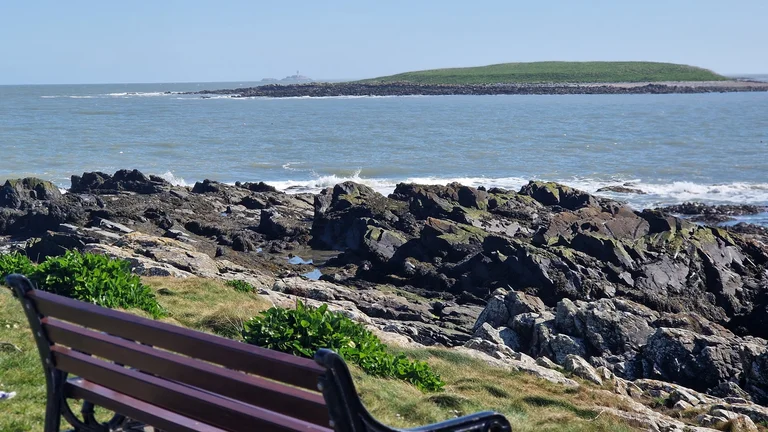 An outdoor bench looking out on Dublin's rocky shoreline and an island in the distance.