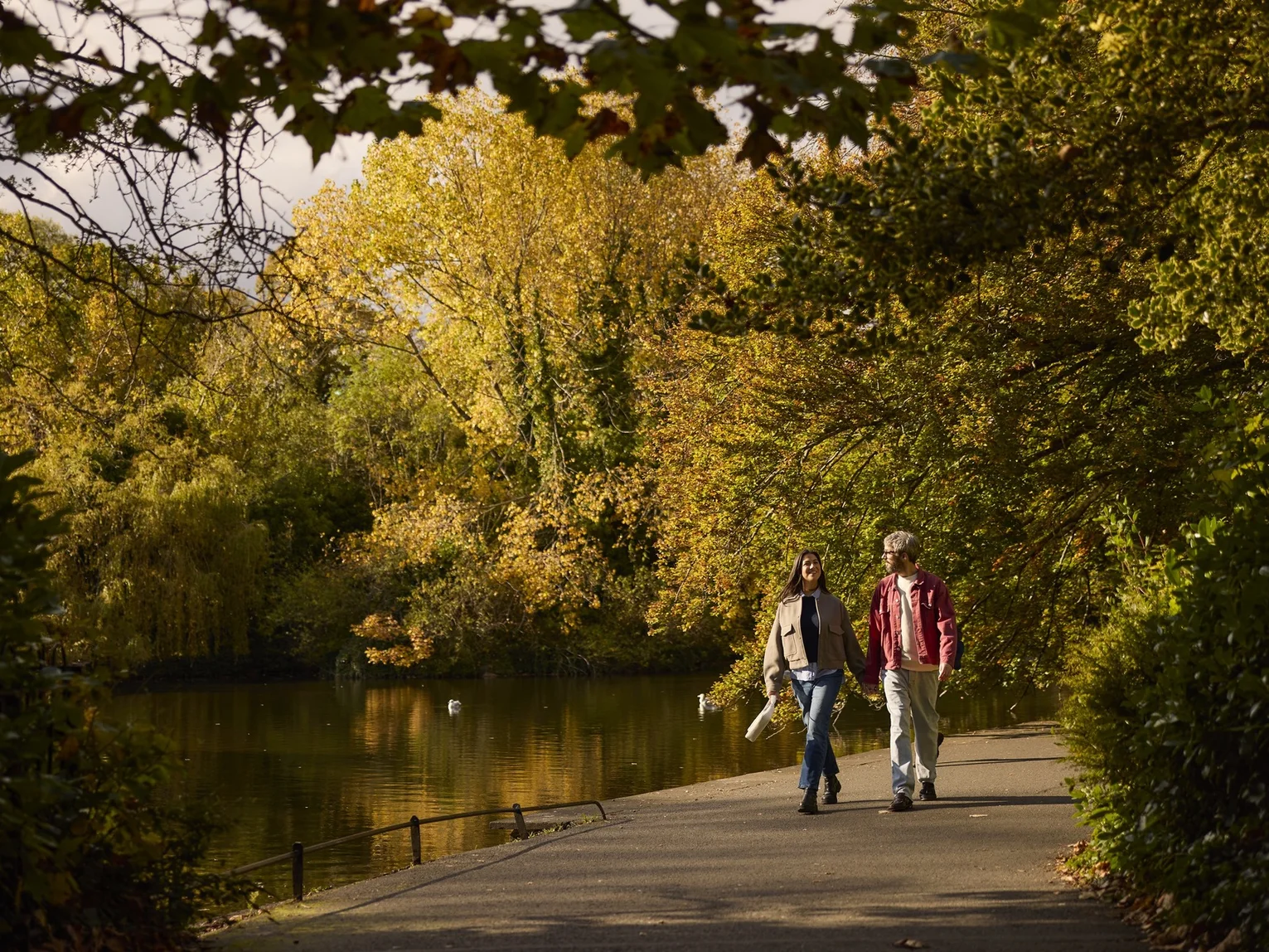 Couple walking hand-in-hand along a tree-lined path beside a lake in an autumn park with swans on the water