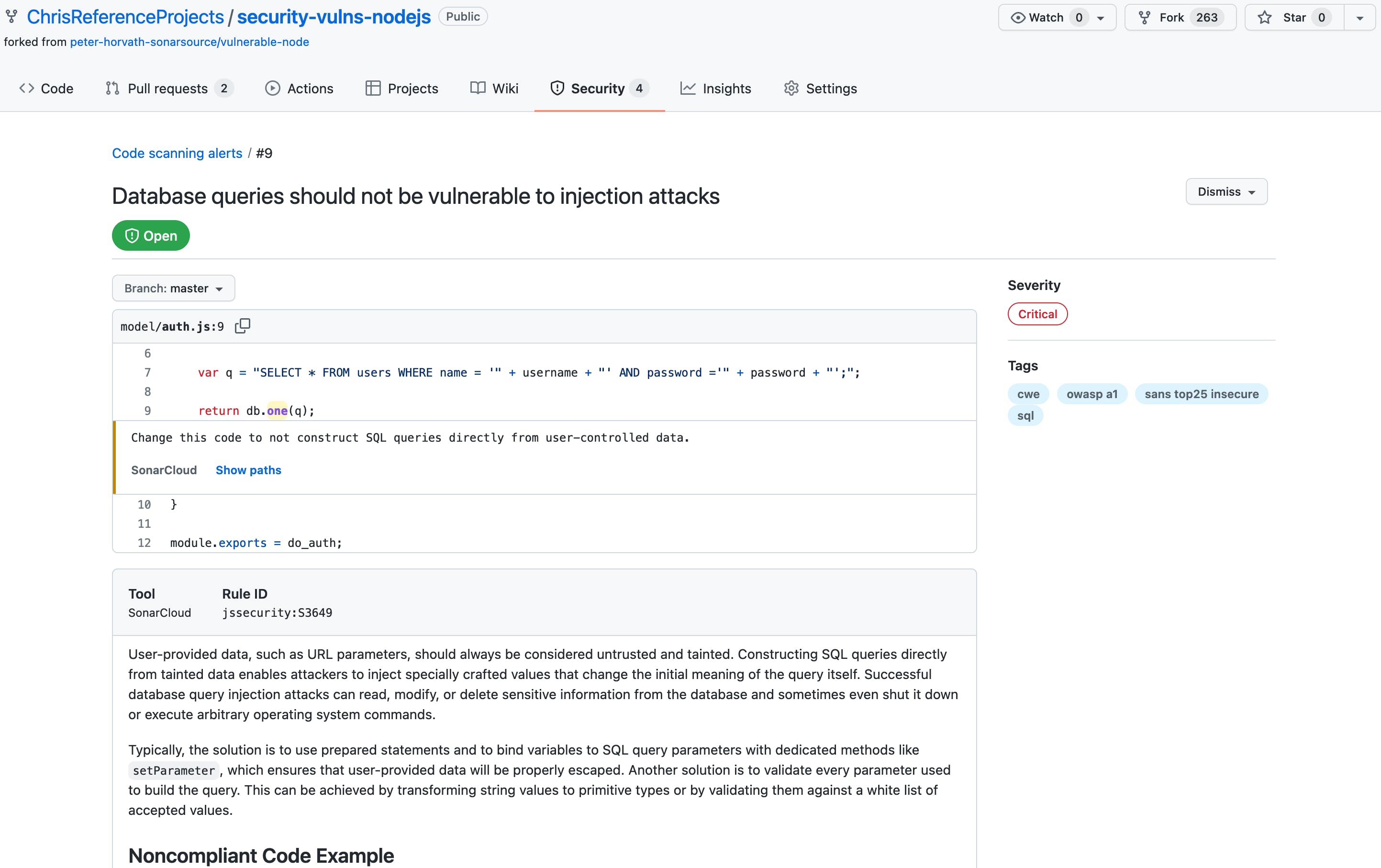 GitHub Repository with Code Scanning for Vulnerabilities.