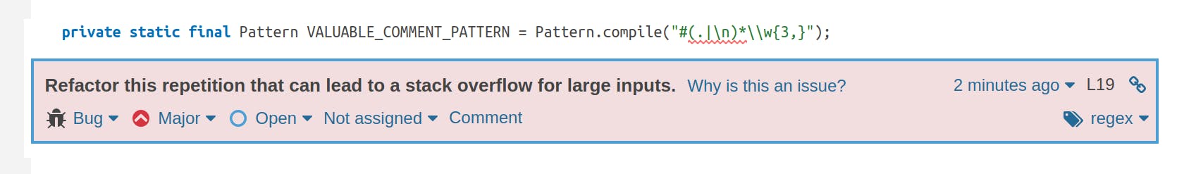 An issue is raised on a repetition in a regex which could lead to a stack overflow.