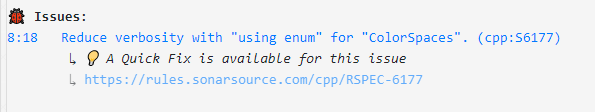 A Sonar issue: Reduce verbosity with "using enum" for "ColorSpaces". (cpp:S6177)
	↳ 💡 A Quick Fix is available for this issue
	↳ https://rules.sonarsource.com/cpp/RSPEC-6177
