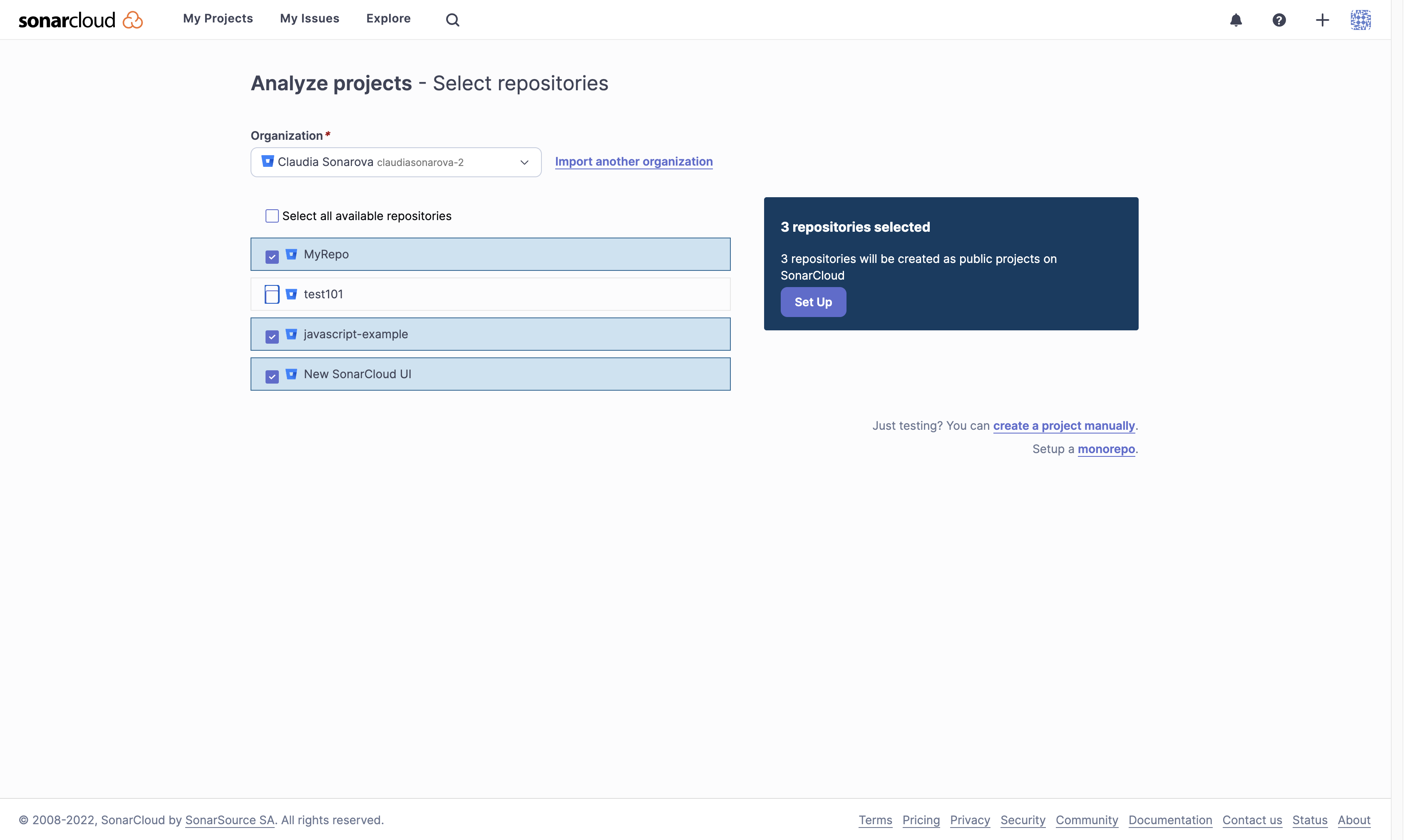 Choose the Bitbucket repositories you want to import into SonarCloud.