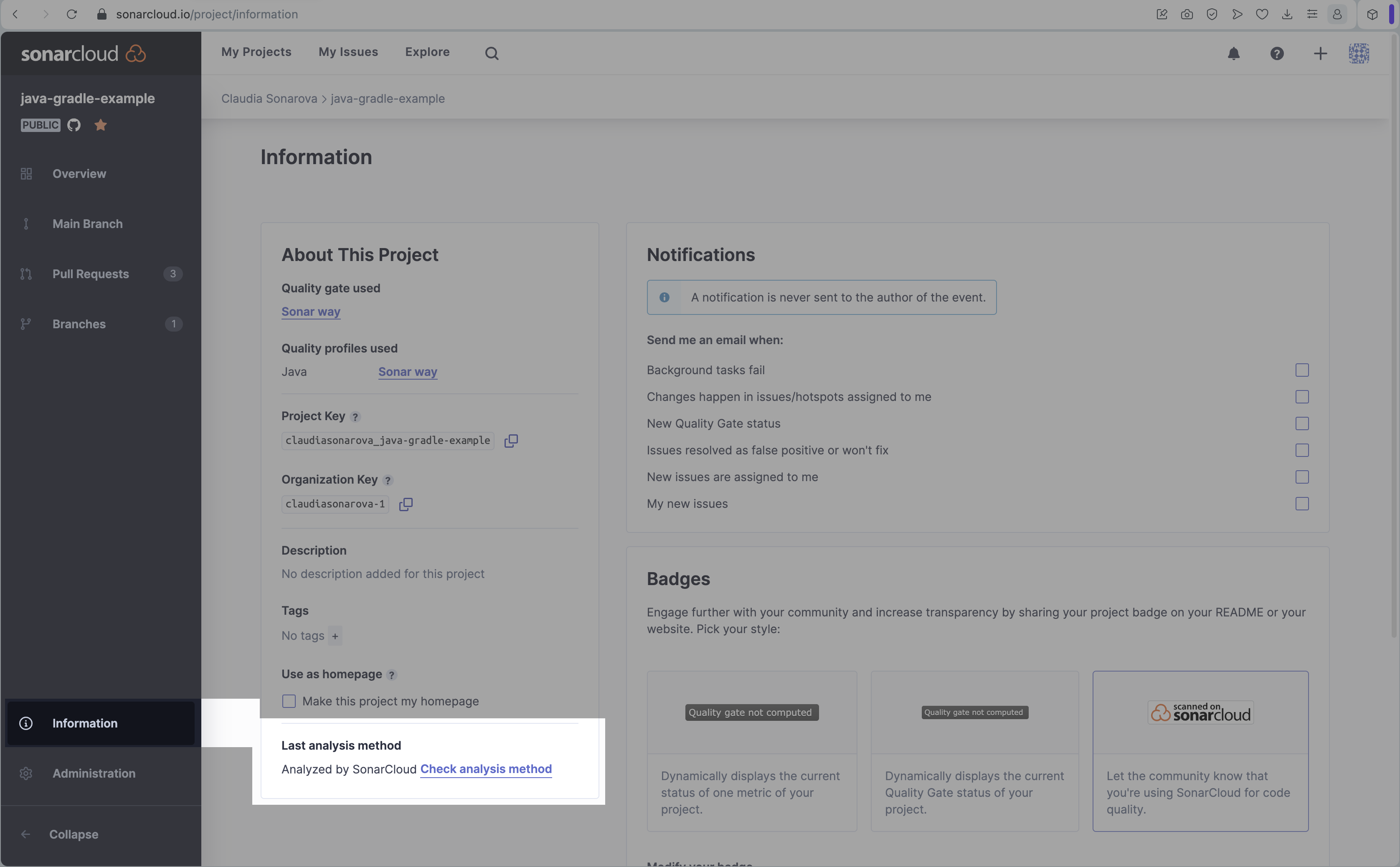 Go to SonarCloud's Information page to see your Last analysis method.
