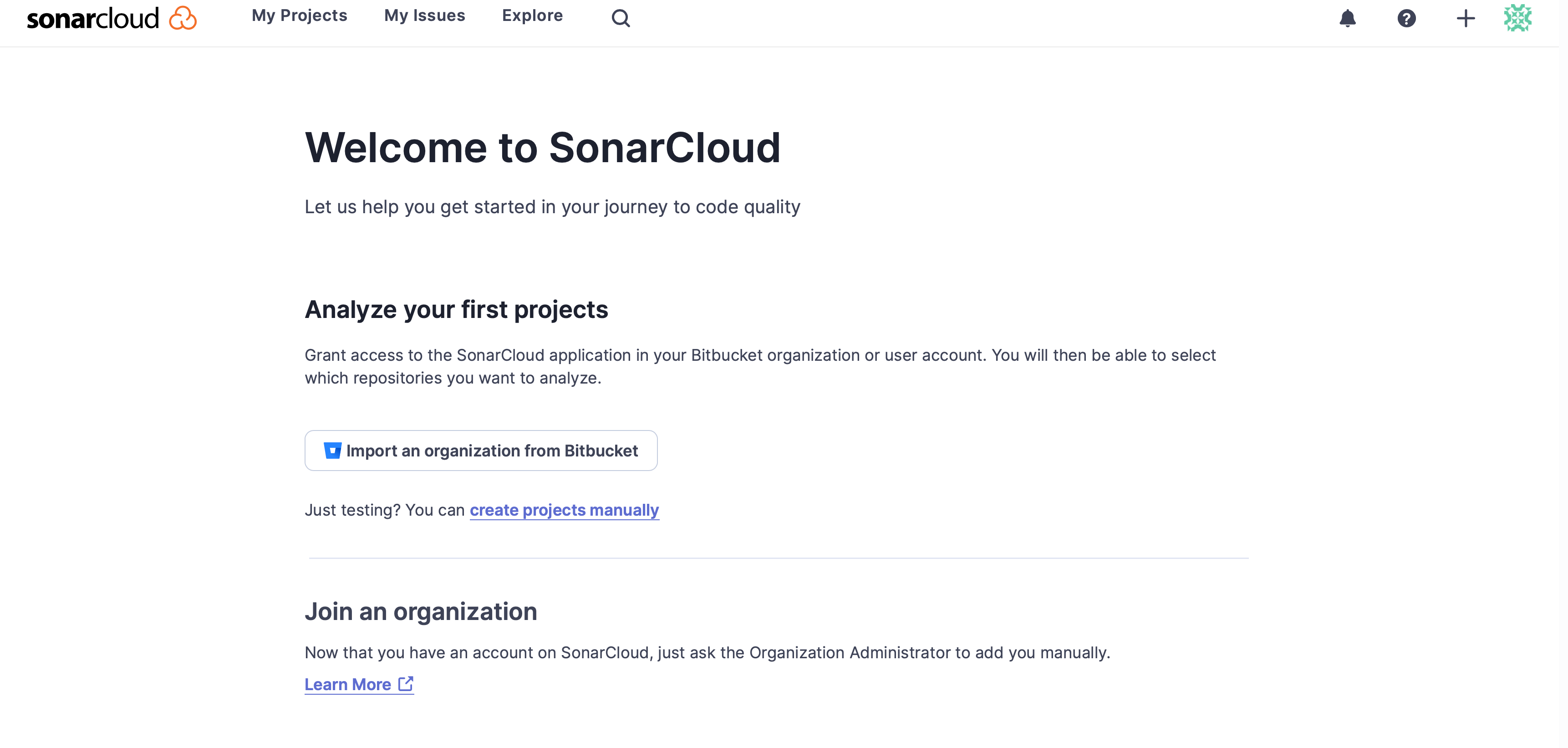 Welcome to SonarCloud for the first time.