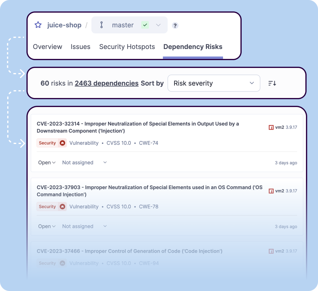 Image shows filtering of dependency risks in SonarQube