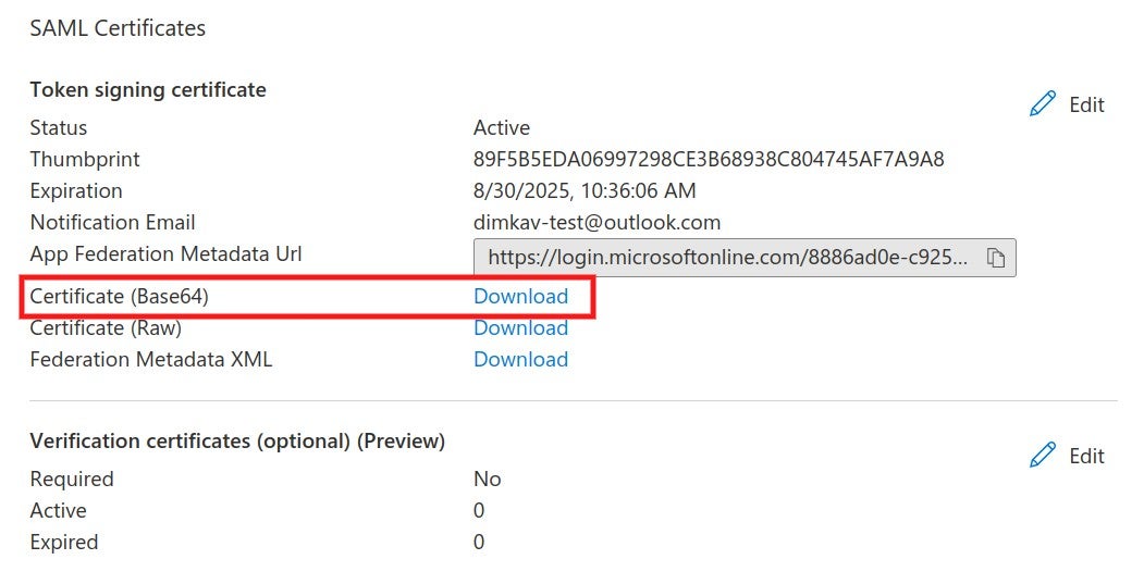 Navigate to SAML Certificates and download Certificate (Base64).