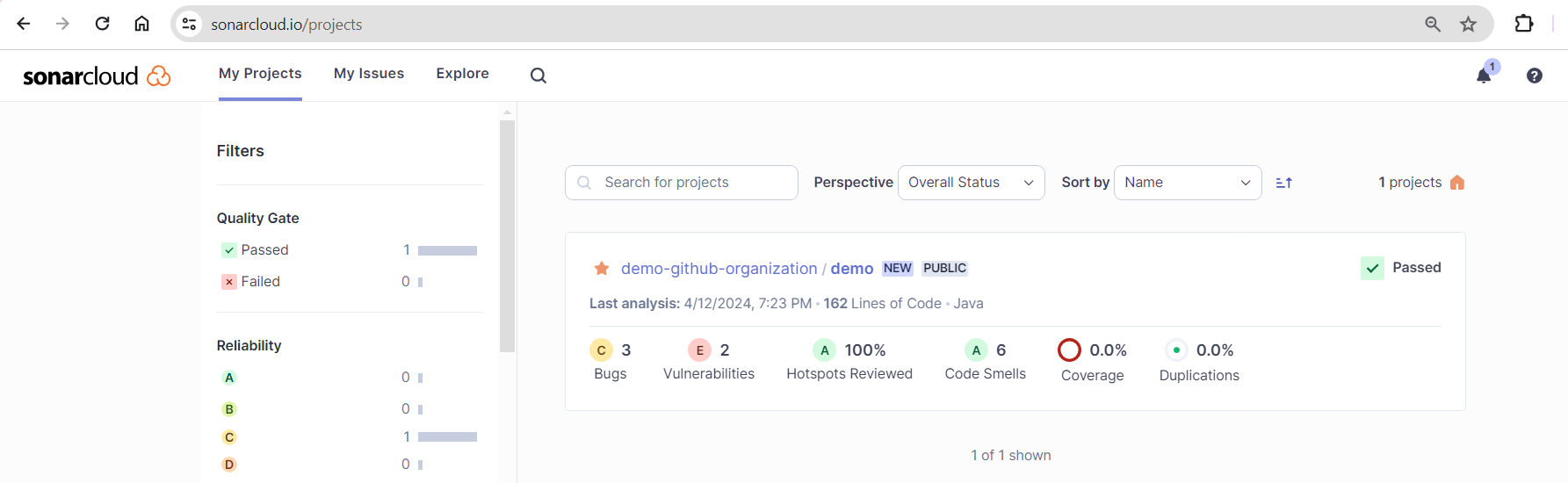 SonarCloud project analysis dashboard