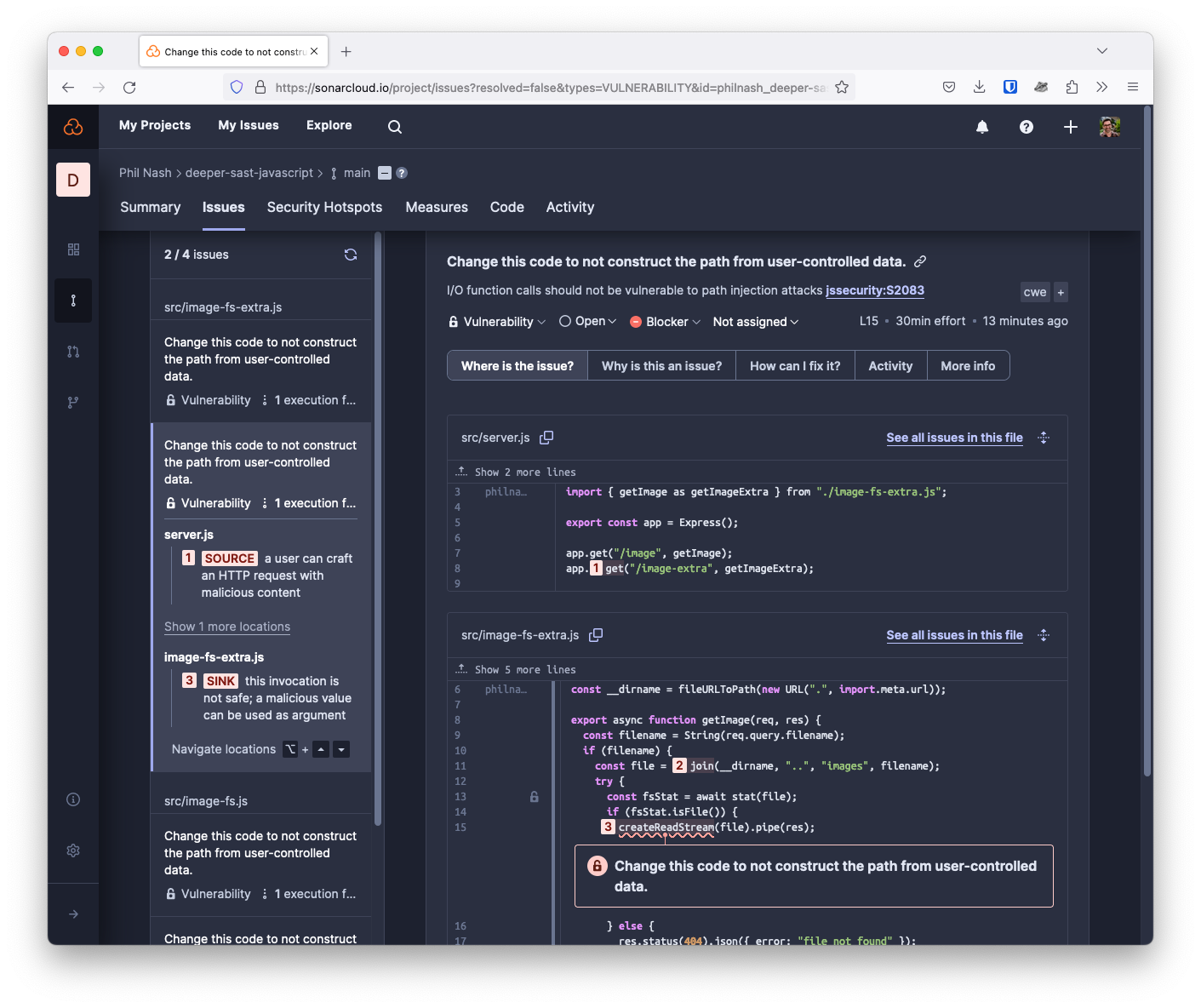 A screenshot of a SonarCloud analysis of the above code. It shows that there is a source in server.js, where user input comes from the HTTP request. That input is then passed through to the getImages function which does not sanitise it before it makes a request to createReadStream to read a file. In this case the createReadStream function was imported from the third-party fs-extra module.