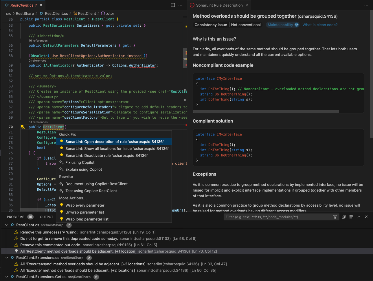 Code analysis results of a SonarLint scan in the IDE