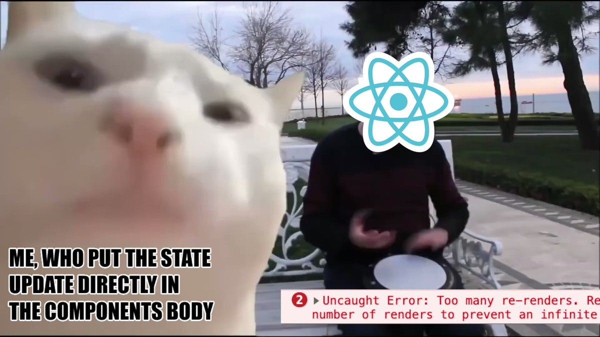 Vibing Cat meme with a Turkish street drummer, except the drummer's face is the React logo. You also see an overlayed console error that keeps incrementing the number of uncaught errors c...