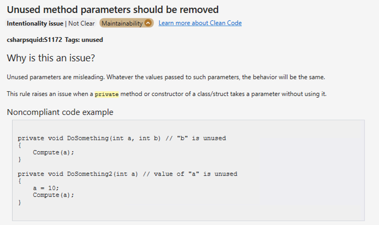Unused paramters should be removed SonarLint in VS snip
