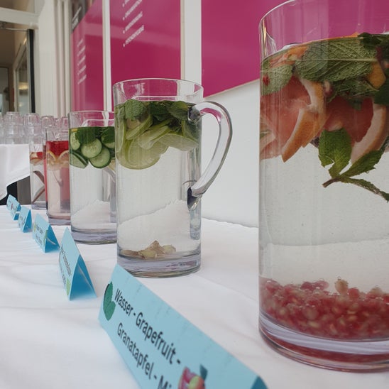 Das Foto zeigt mehrere Wasserkrüge mit verschiedenen "Geschmacksrichtungen" z.B. Wasser- Grapefruit- Granatapfel- Minze. Das Foto zeigt mehrere Wasserkrüge mit verschiedenen "Geschmacksrichtungen" z.B. Wasser- Grapefruit- Granatapfel- Minze.