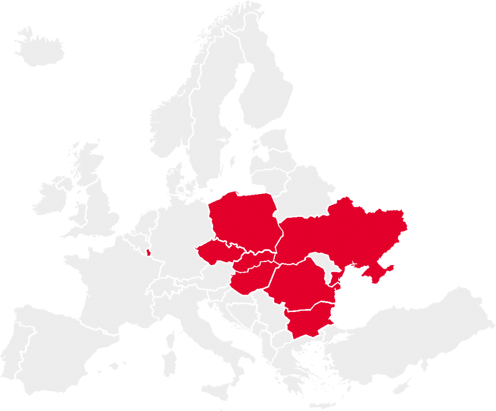 ilustracja mapy Europy z zaznaczonymi krajami: Luksemburg, Polska, Czechy, Słowacja, Węgry, Bułgaria, Rumunia i Ukraina