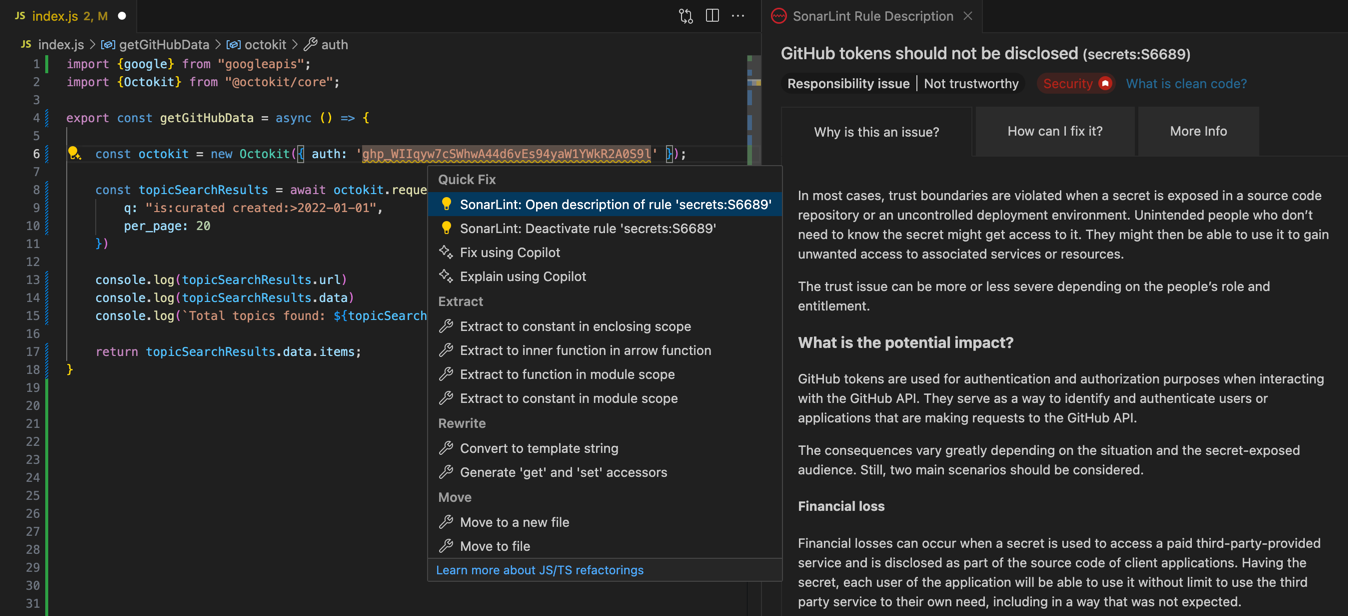 SonarLint flags a GitHub token pasted as a string to a JavaScript file