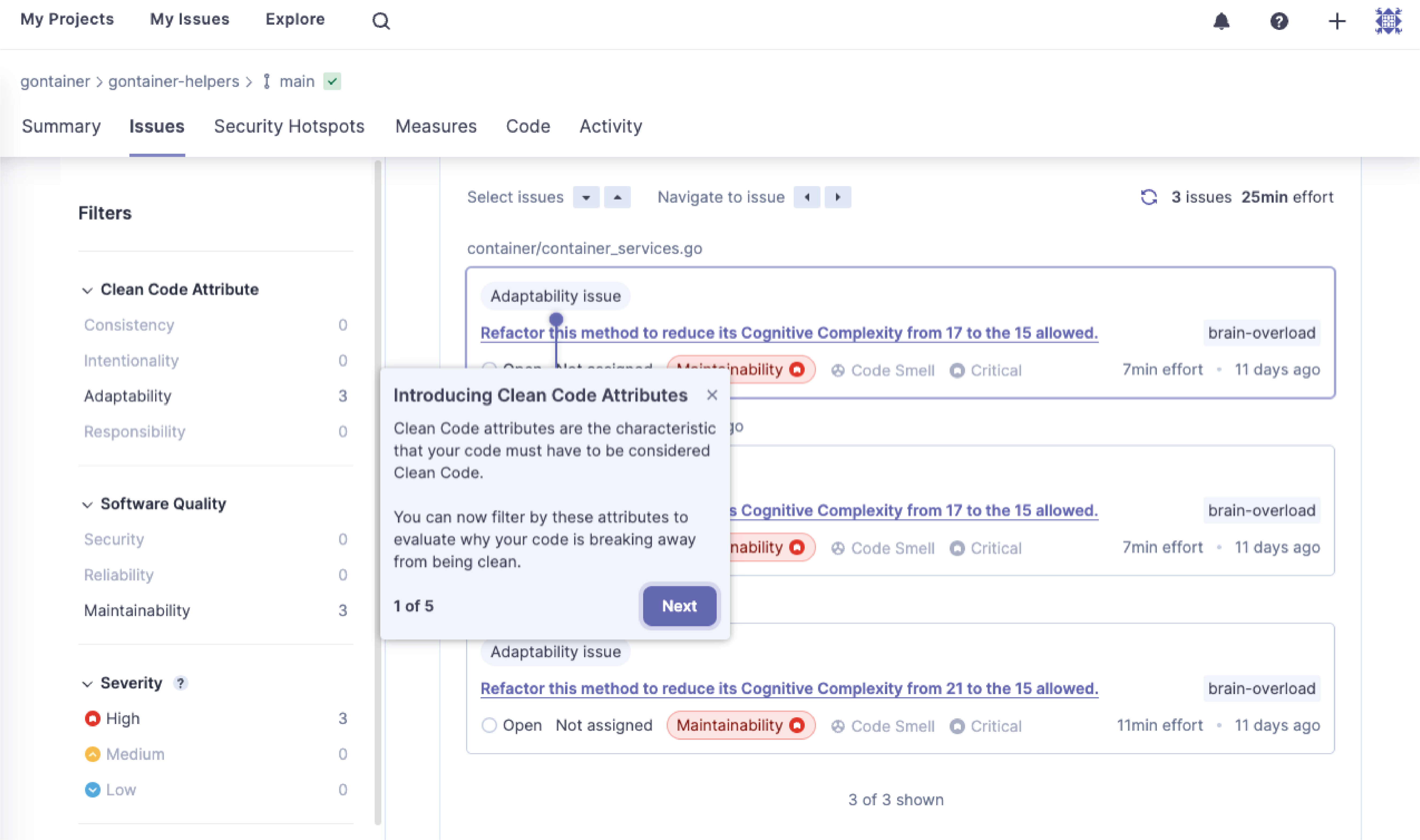 SonarCloud web app dashboard issues