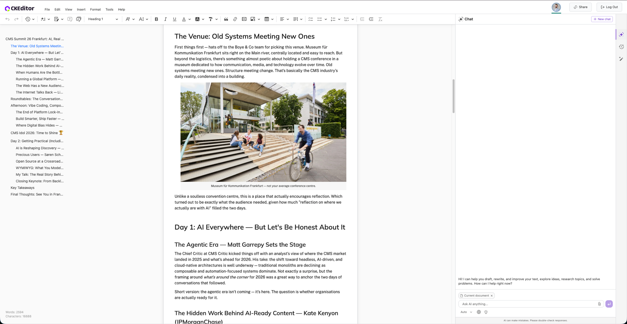 CMS Idol 2026 — live CKEditor AI showcase wrap-up document in CKEditor
