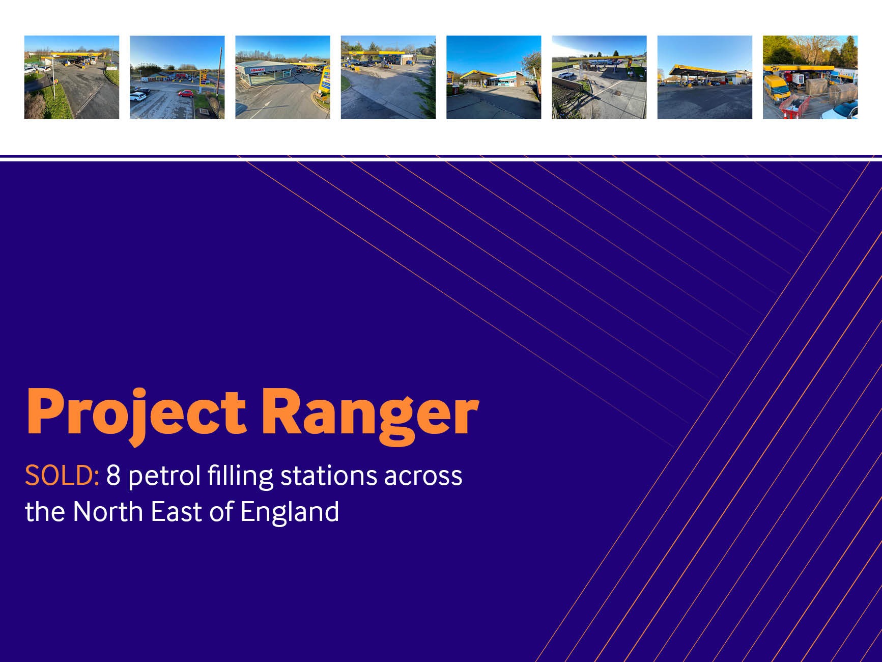 Project Ranger | Images of the 8 petrol stations sold, plus a blue banner with "PROJECT RANGER" written in text. 