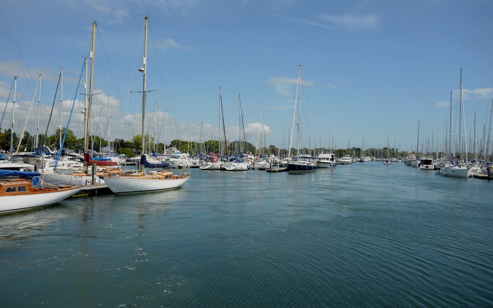Marina with boats on a river.
