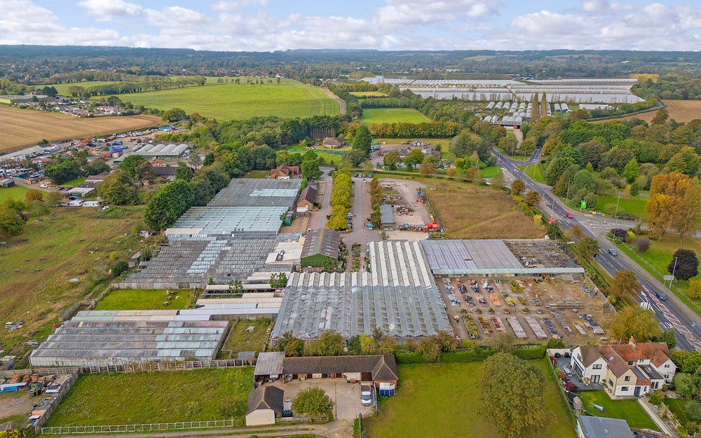Ariel shot of large garden centre.