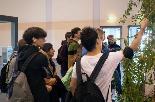 Flomart: un alunno del gruppo tocca le foglie di un arbusto in esposizione Flomart: un alunno del gruppo tocca le foglie di un arbusto in esposizione