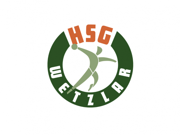 Ein Logo des Handballvereins HSG Wetzlar mit einer Person mit Ball in der Hand. Ein Logo des Handballvereins HSG Wetzlar mit einer Person mit Ball in der Hand.