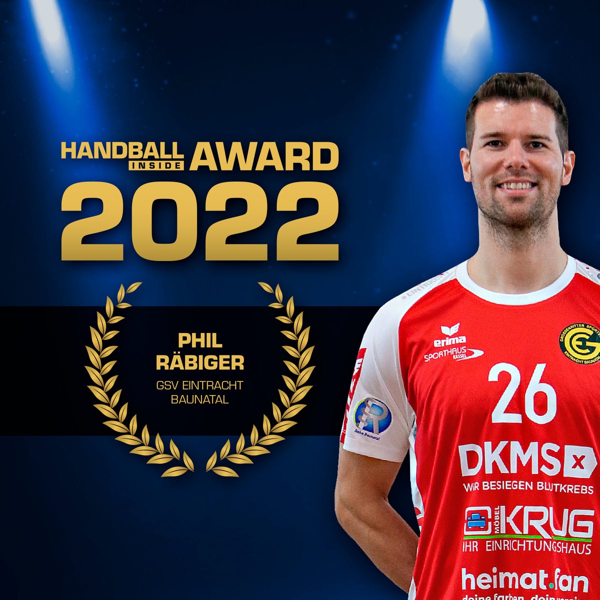 Phil Räbiger vom GSV Eintracht Baunatal hat vom Handball-Magazin "HANDBALL inside" einen Award für sein tolles Engagement verliehen bekommen. Credit: Handball Inside