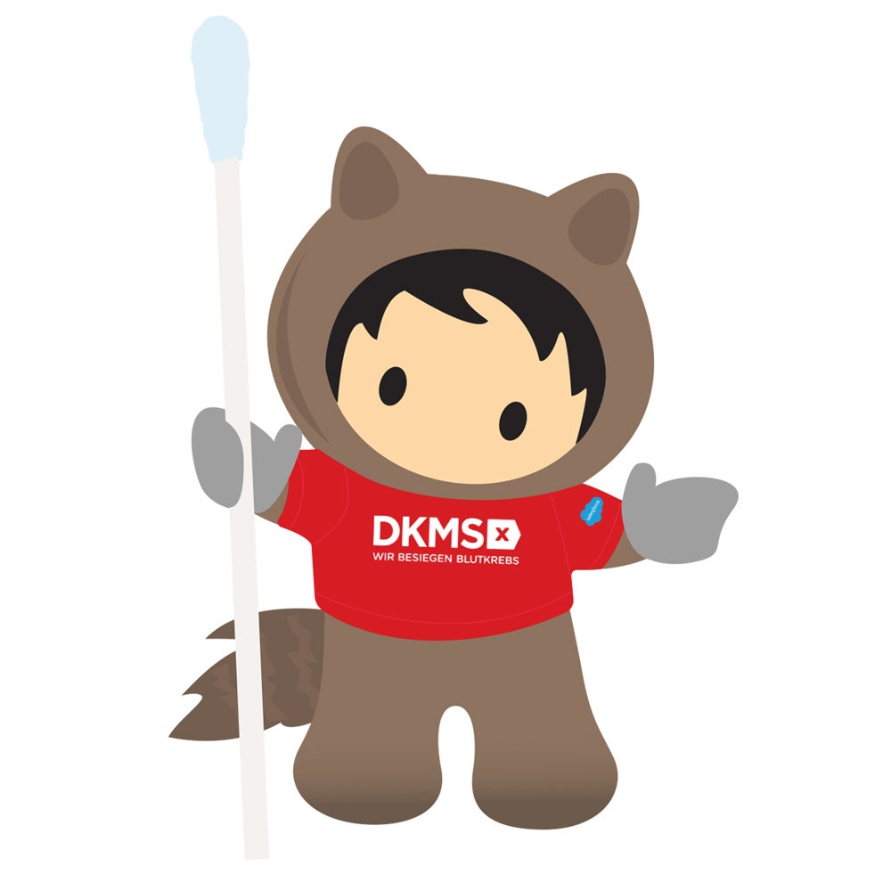 Eine Zeichentrickfigur, die ein rotes Hemd mit DKMS Logo trägt und ein Wattestäbchen hält Eine Zeichentrickfigur, die ein rotes Hemd mit DKMS Logo trägt und ein Wattestäbchen hält