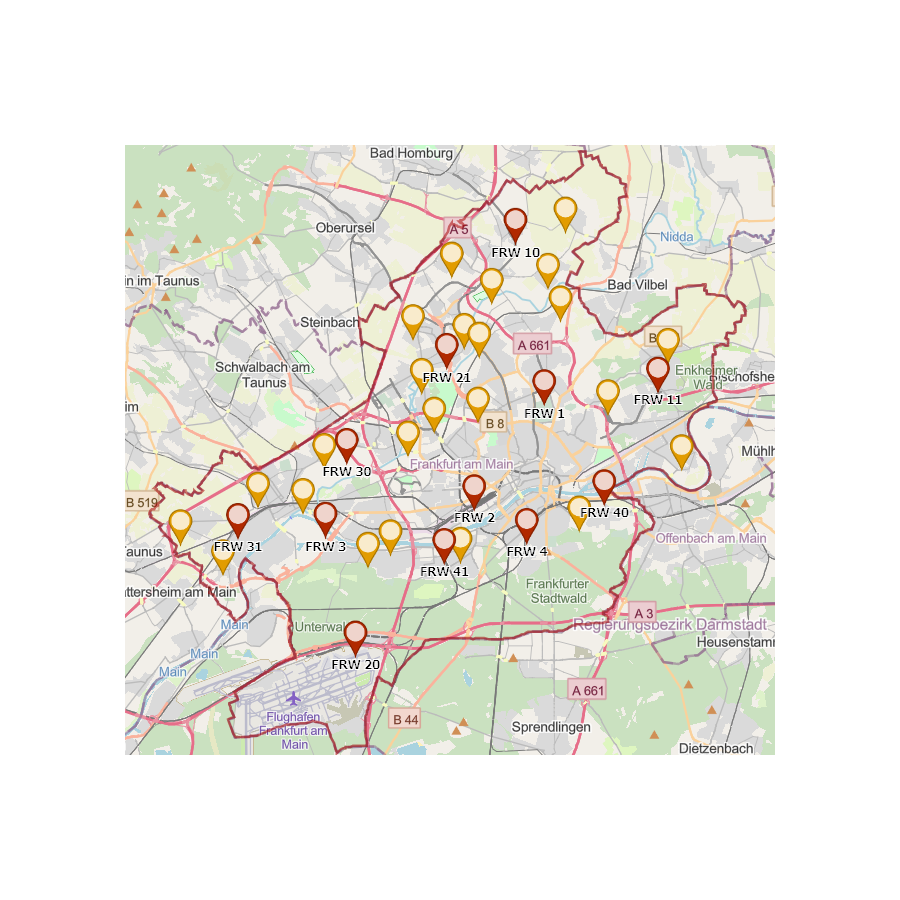 Stecknadeln auf einer Karte von Frankfurt, welche die Feuerwehrstandorte markieren