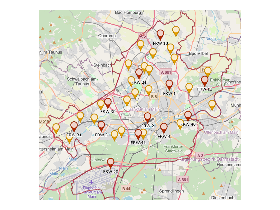 Stecknadeln auf einer Karte von Frankfurt, welche die Feuerwehrstandorte markieren