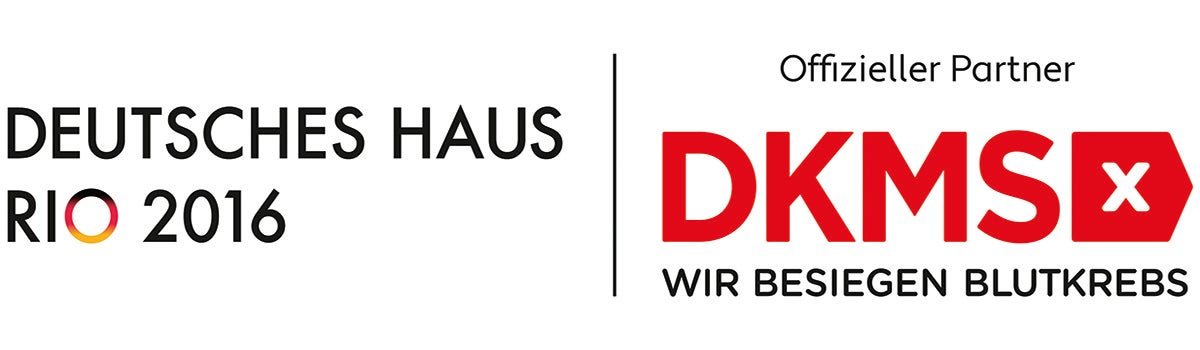 Auf der Linken Seite steht der Text Deutsches Haus Rio 2016. Auf der rechten Seite steht Offizieller Partner gemeinsam mit dem Logo der DKMS Auf der Linken Seite steht der Text Deutsches Haus Rio 2016. Auf der rechten Seite steht Offizieller Partner gemeinsam mit dem Logo der DKMS