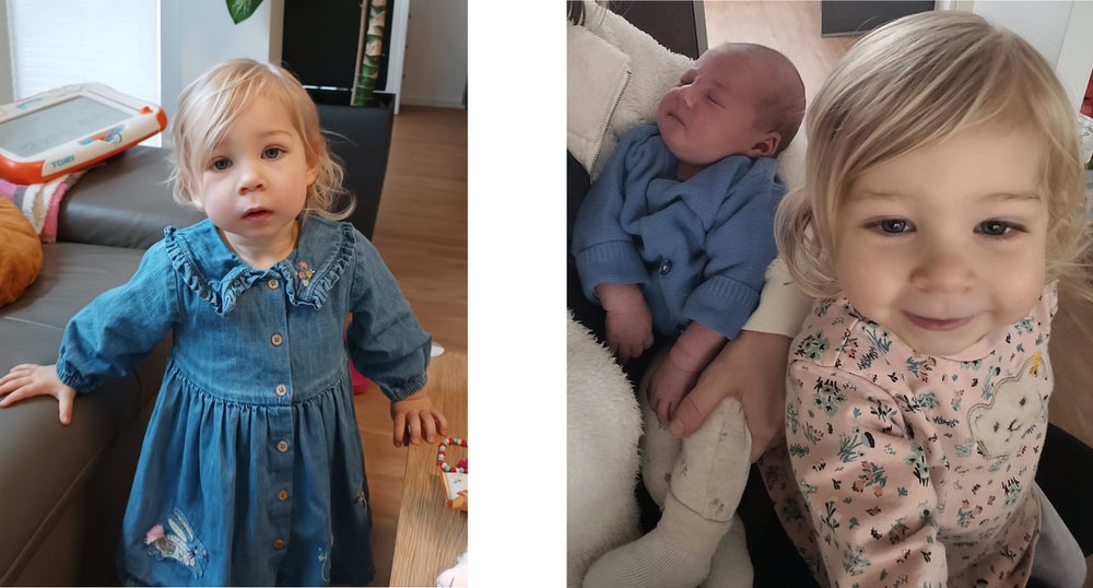 Bild (l.): Emma in einem blauen Kleid. Bild (r.): Emma gemeinsam mit ihrer drei Monate alten Schwester Lena.