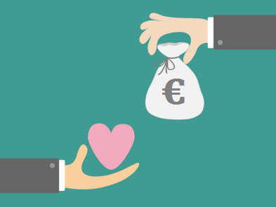 Ein Cartoonbild. Eine Hand hält einen Beutel mit Geld. Eine darunter liegende Hand hält ein rosa Herz. Ein Cartoonbild. Eine Hand hält einen Beutel mit Geld. Eine darunter liegende Hand hält ein rosa Herz.